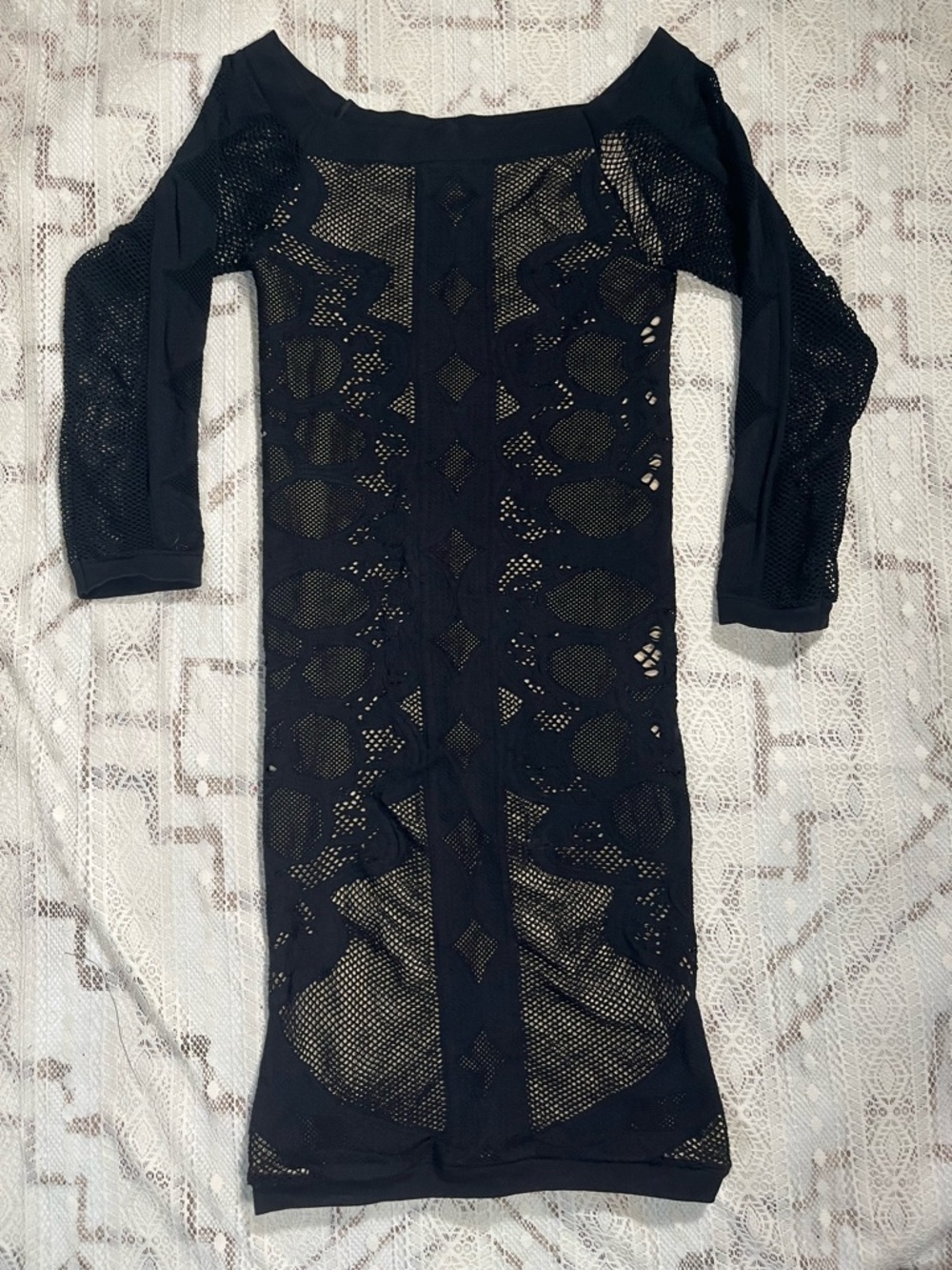 bebe Black and Beige Lace-Trim Dress